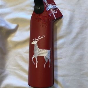 Christmas Wine Tote and Matching Coaster Set (4) Red with Embroidered Reindeer